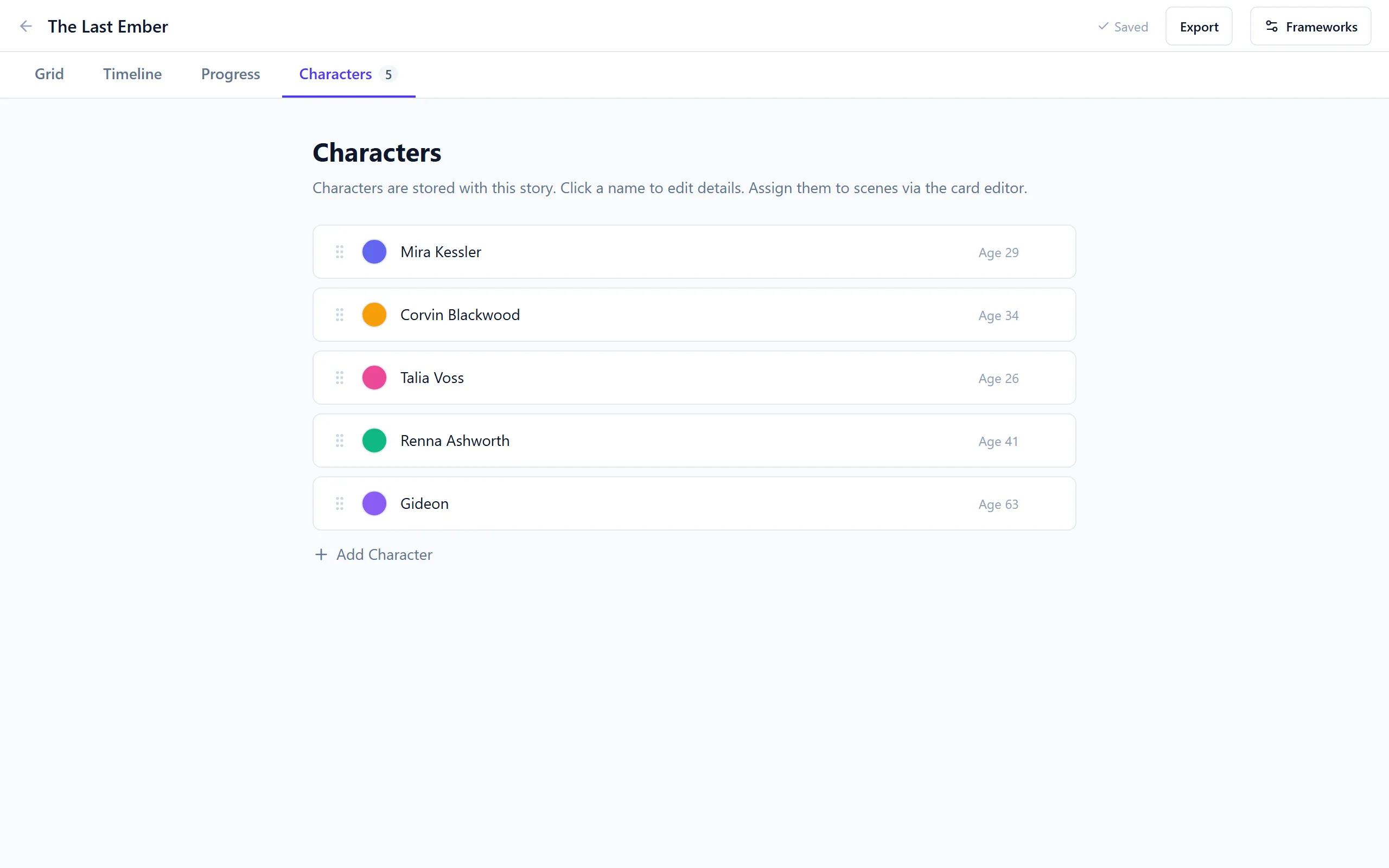 The Characters tab listing a story's cast, each with a name, color, and age.