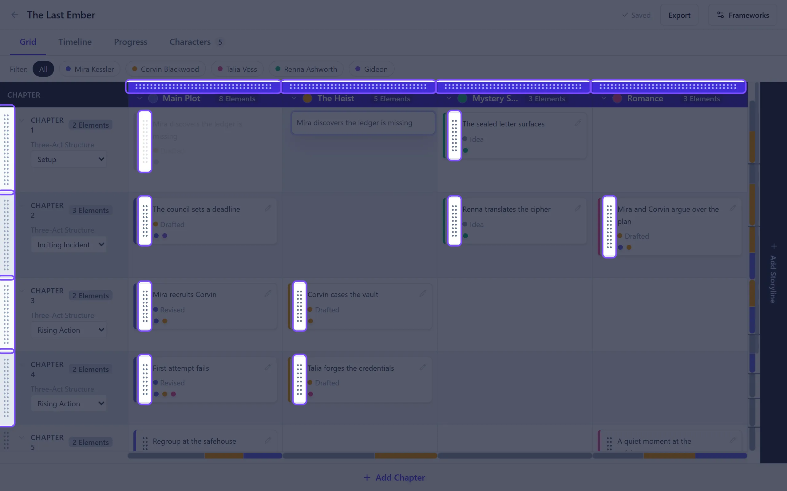 A scene card being dragged from one chapter to another on the grid, with the drop target highlighted.