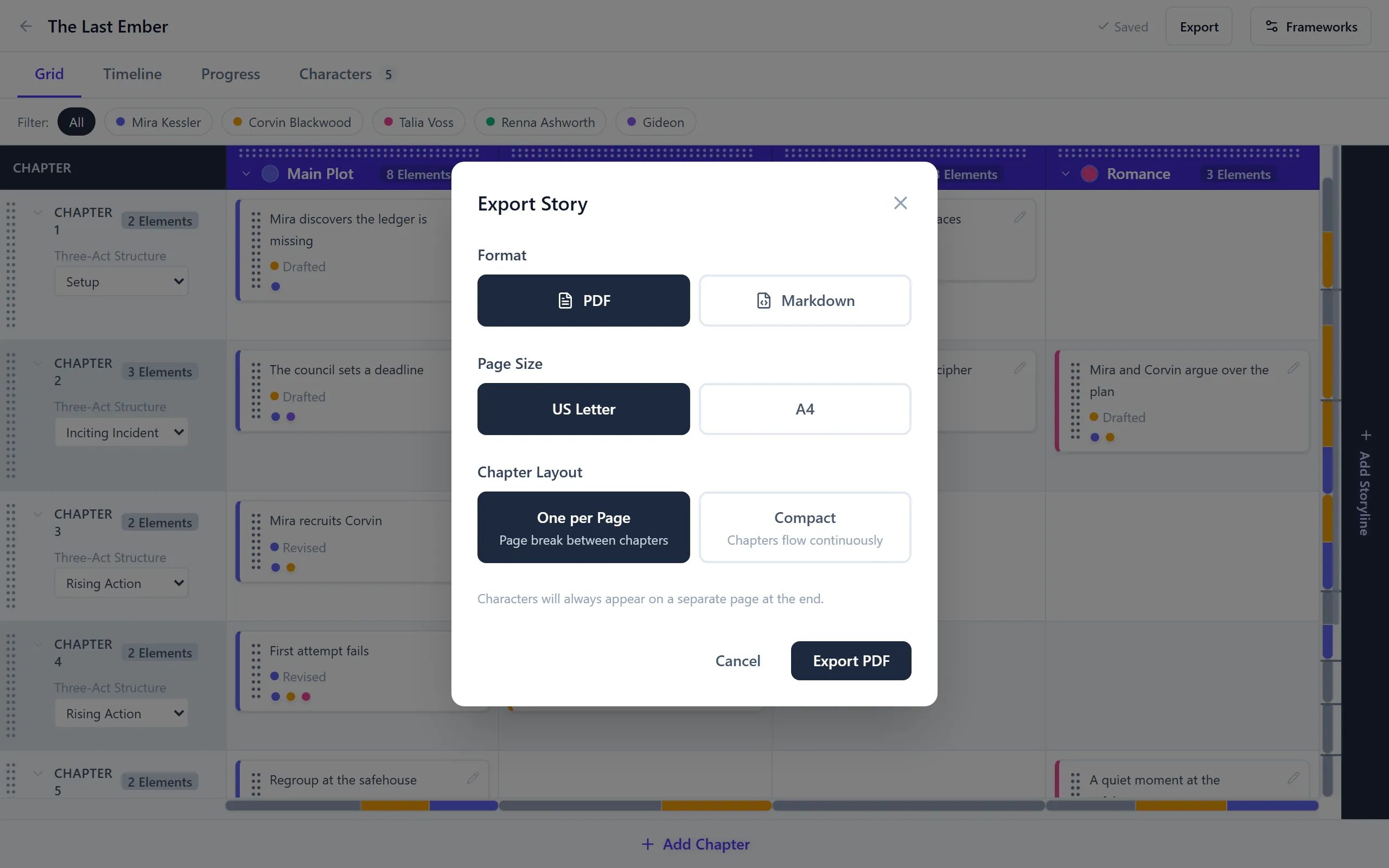 The export dialog with PDF and Markdown format options, page size, and chapter layout settings.