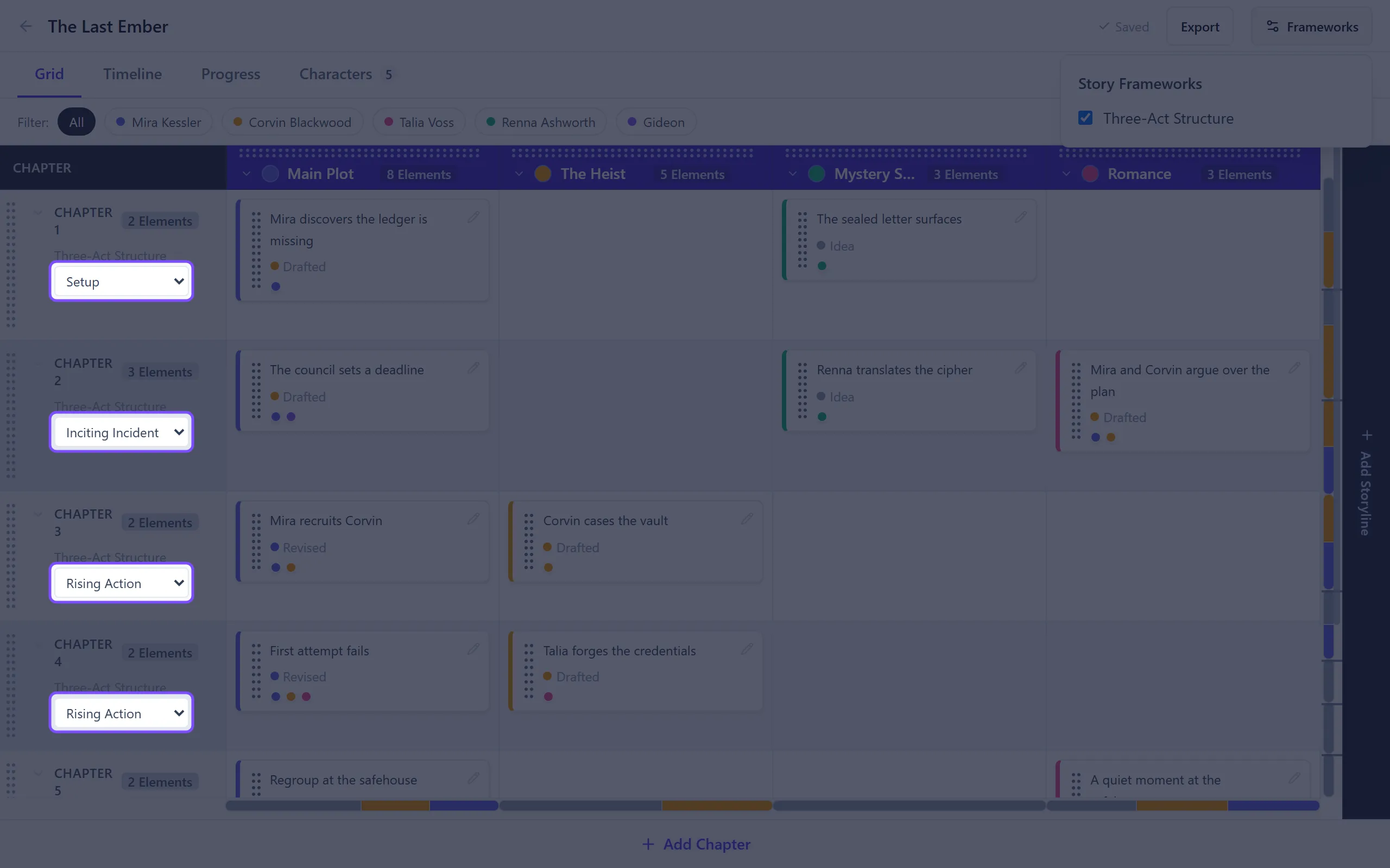 The Story Frameworks panel open over the grid, with a Three-Act Structure framework selected and beat markers assigned to chapters.
