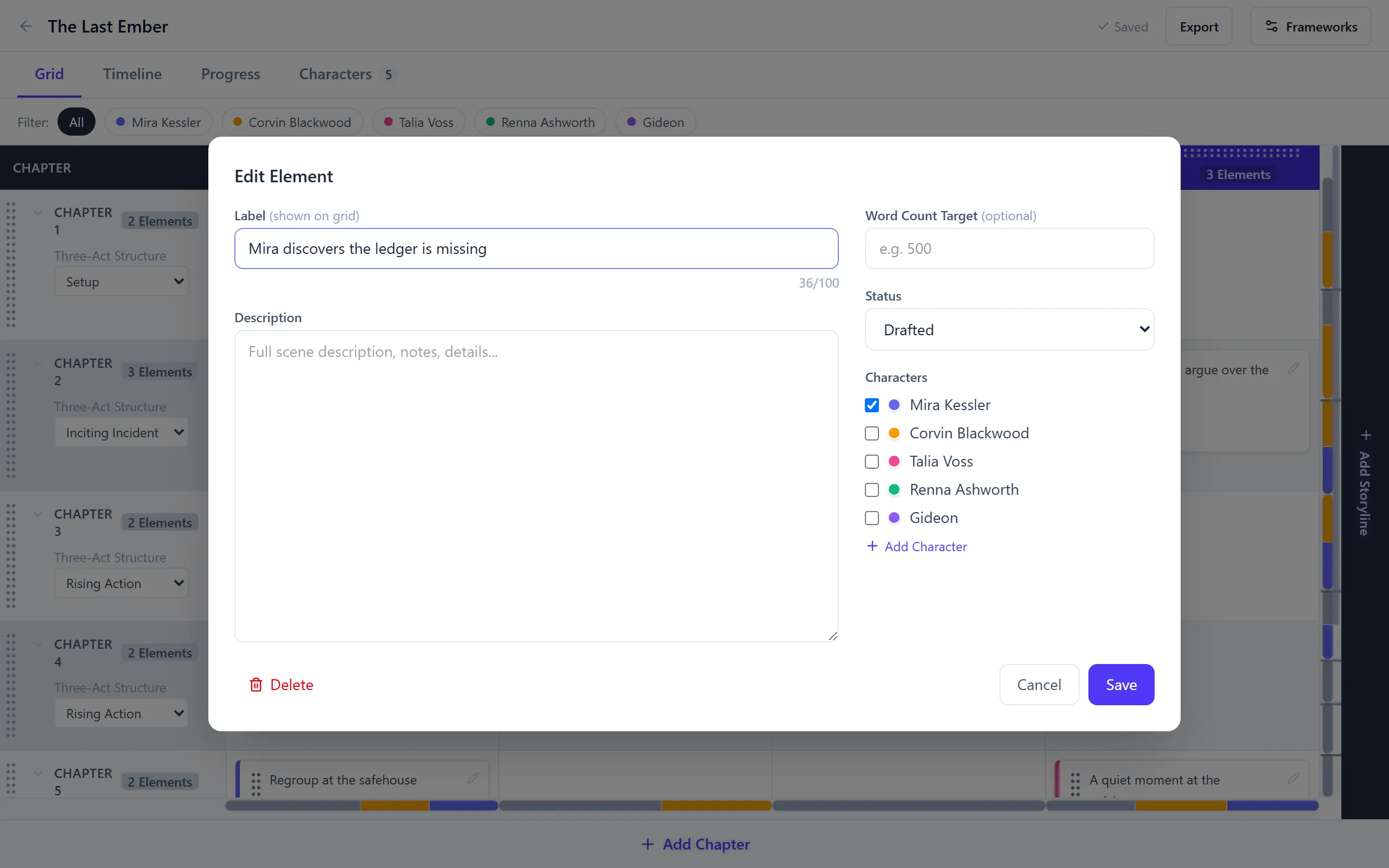 The scene editor showing a Status dropdown and a checklist of characters to assign to the scene.